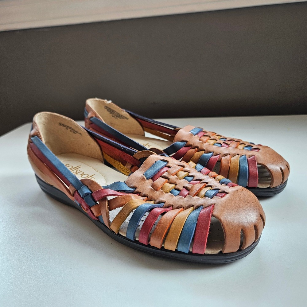 Softspots Huarache Sandals Womens Size 7.5W  Multi Color Woven Leather Rainbow